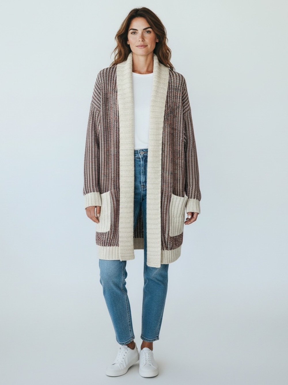 Open-Front Ribbed Shawl Collar Cardigan - Cream & Brown